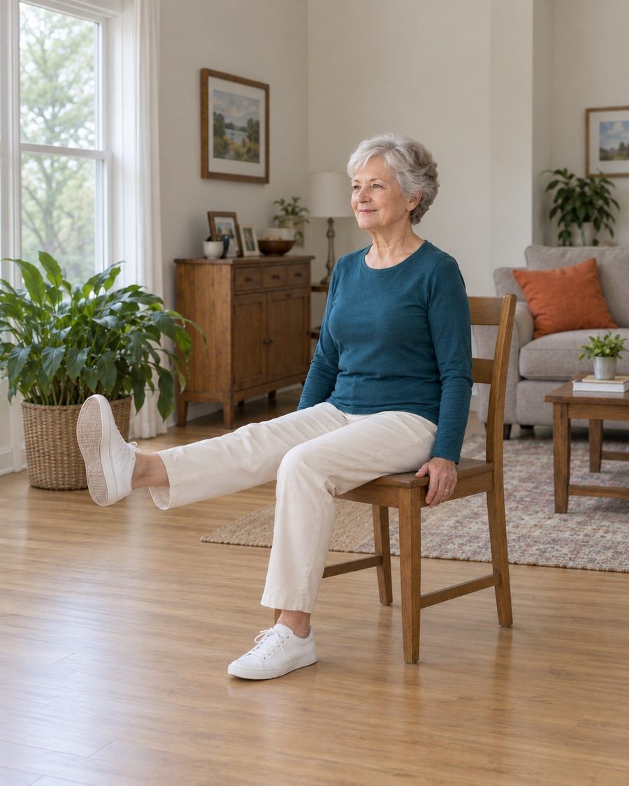 A woman doing a seated leg extension at home, using a sturdy chair for support